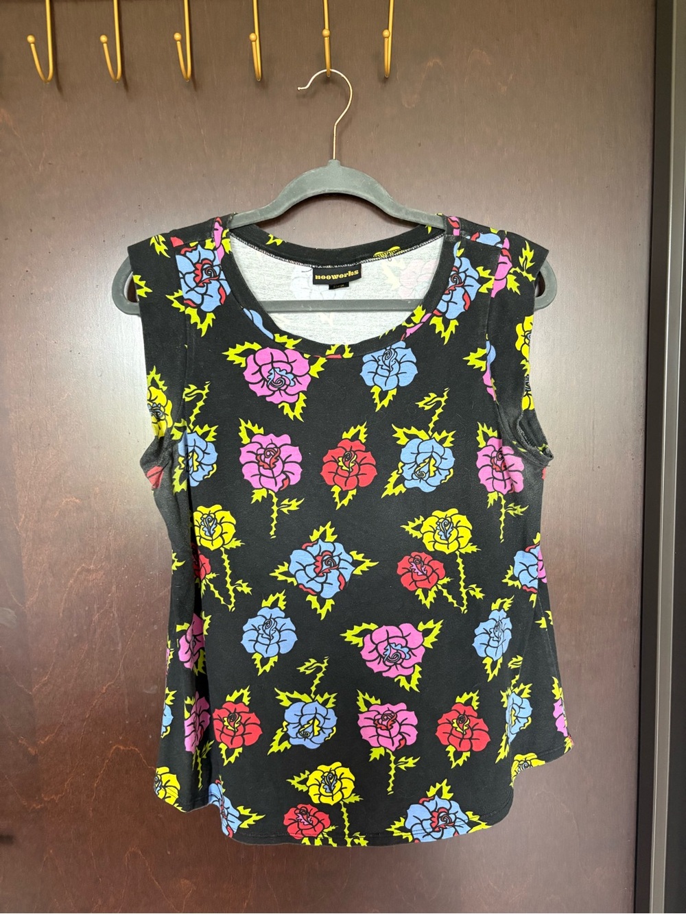 Nooworks Black Floral Tank Top with Pink, Blue, Yellow & Red Roses